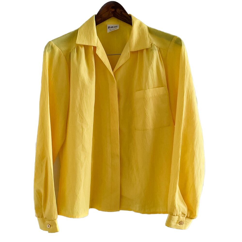 Fritzi vintage yellow crinkle texture button down secretary blouse size medium M